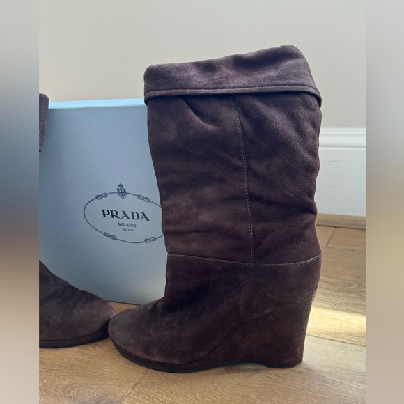 Prada Fold Over Cuffs Leather Wedge Bootie in Chocolate Brown - Picture 9 of 10